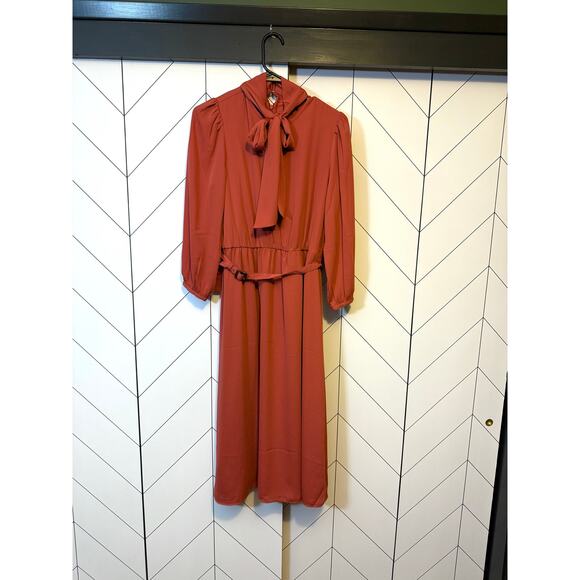 Ann Taylor Women’s 6 petite Rust Long Sleeve Bow Tie Midi Dress Belt Fall Office - Picture 1 of 11